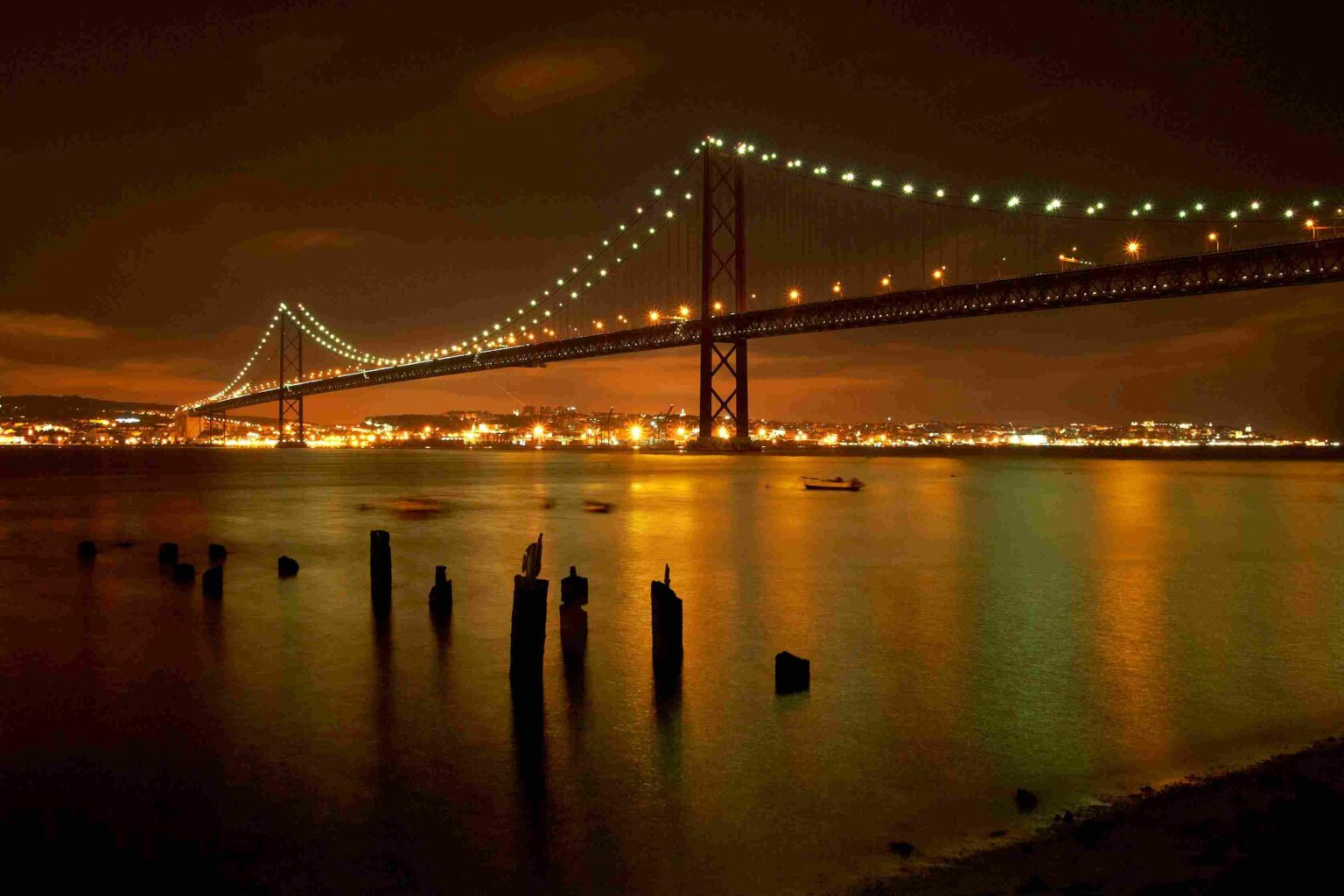 The 25 de Abril bridge over the Tagus in Lisbon at night